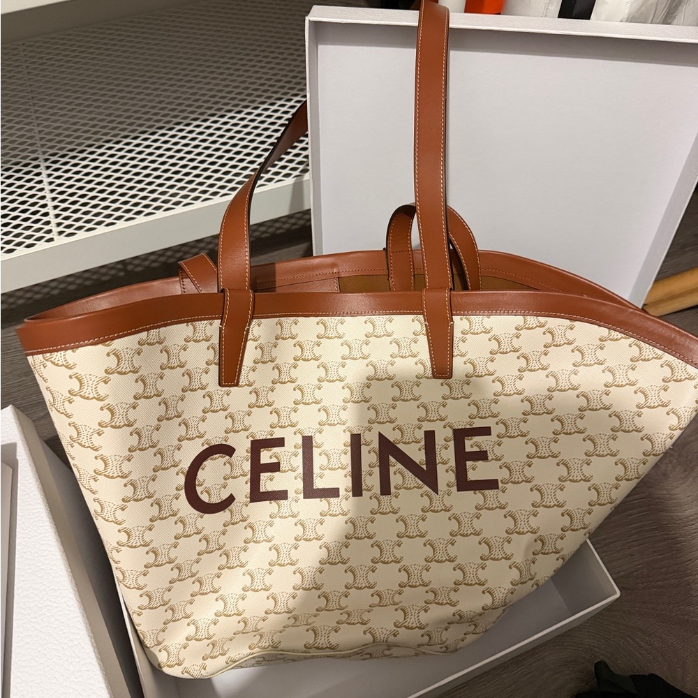 Celine Cream Canvas Tote with Brown Trim and Burgundy Logo Print - Picture 5 of 5